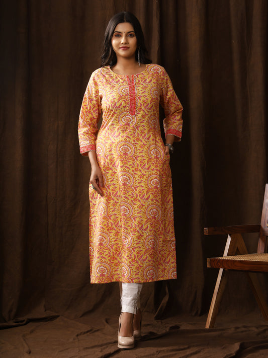Sanganeri Floral Print Yellow Pink Cotton Kurti