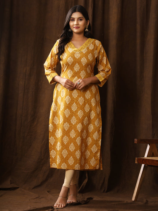Sanganeri Block Buti Print Mustard Cotton Kurti
