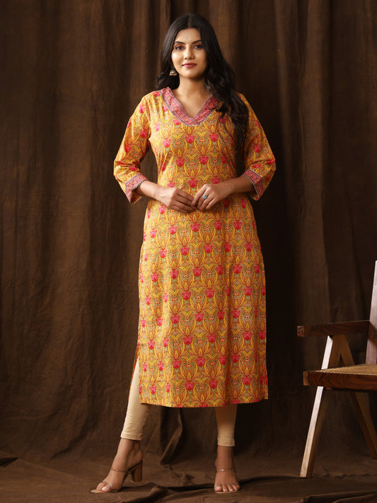 Sanganeri Gulbahar Floral Print Yellow Cotton Kurti