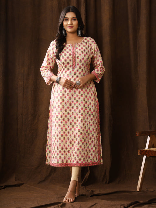 Sanganeri Gulmohar Buti Print Light Yellow Cotton Kurti