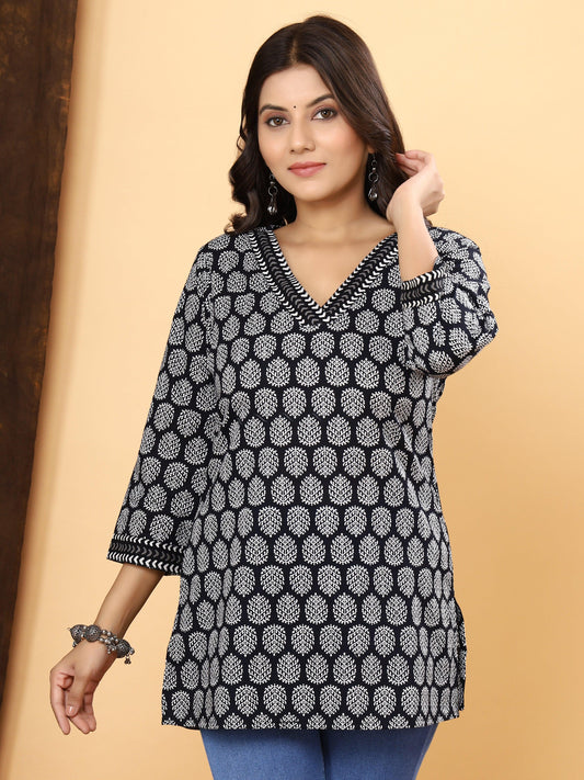 Sanganeri Print Black & White Cotton Top