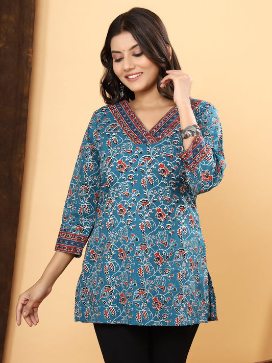 Sanganeri Floral Gad Print Blue Cotton Top
