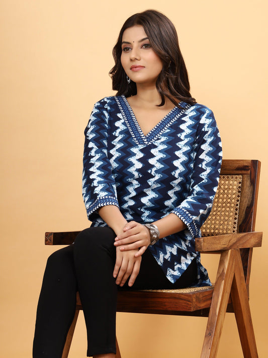 Sanganeri Zig Zag Print Indigo Blue Cotton Top