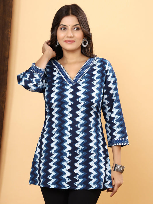 Sanganeri Zig Zag Print Indigo Blue Cotton Top