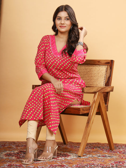 Sanganeri Bhandej Box Print Pink Cotton Kurti