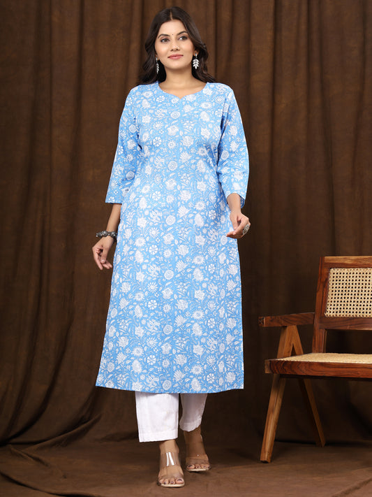 Sanganeri Floral Print Blue Cotton Kurti