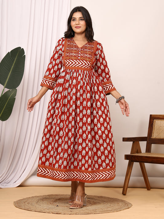 Sanganeri Printed Mehroon Cotton Kurti with Side Pockets