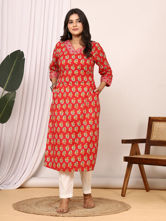 Sanganeri Flower Buti Print Red Cotton Kurti
