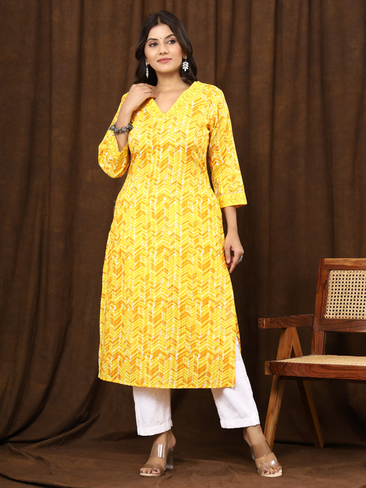 Sanganeri Zig Zag Print Yellow Cotton Kurti