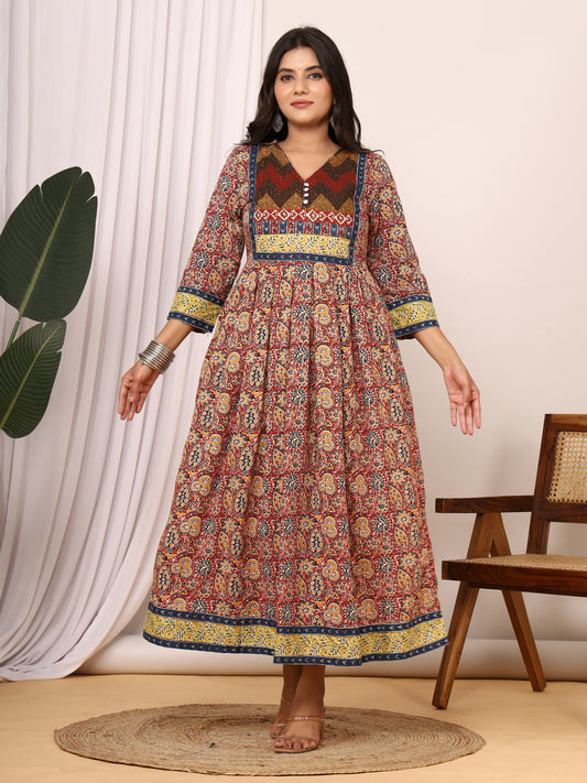 Sanganeri Ajrakh Printed Cotton Anarkali Dress with Short V-Open Neckline