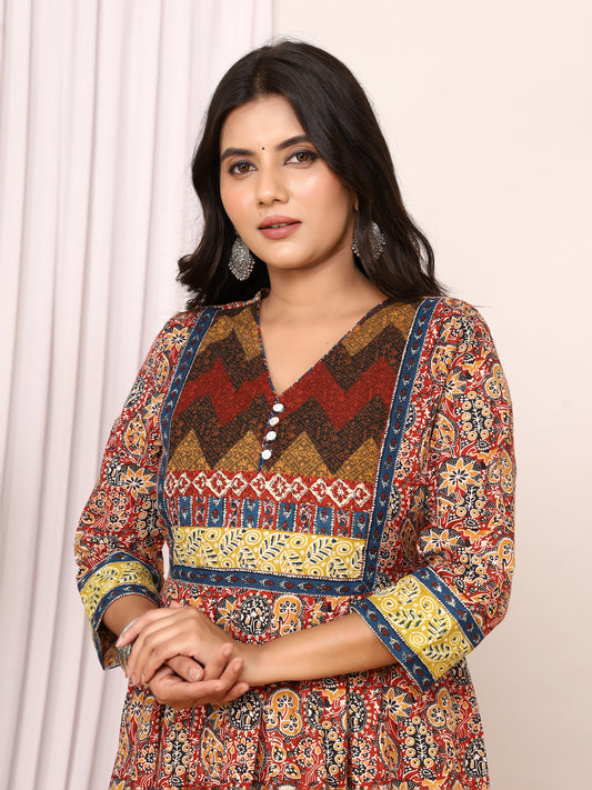 Sanganeri Ajrakh Printed Cotton Anarkali Dress with Short V-Open Neckline