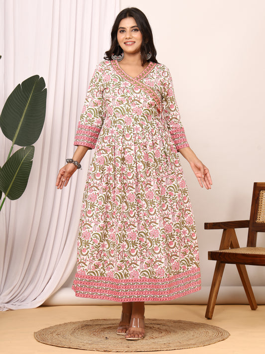 Sanganer Floral Printed Angrakha Cotton Dress with Adjustable Belt