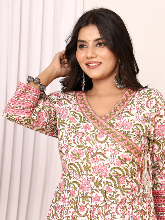 Sanganer Floral Printed Angrakha Cotton Dress with Adjustable Belt