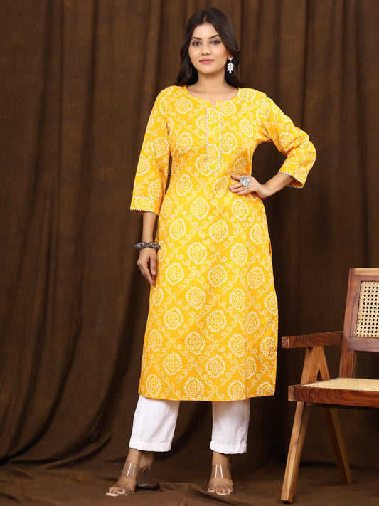 Sanganeri Bhandej Print Yellow Cotton Kurti
