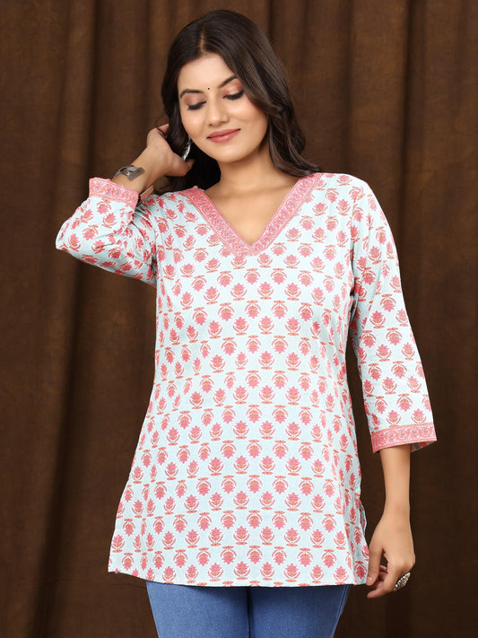 Sanganeri Buti Print Light Blue Cotton Top