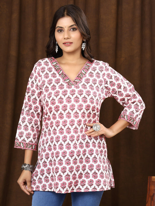 Sanganeri Print White Pink Cotton Top