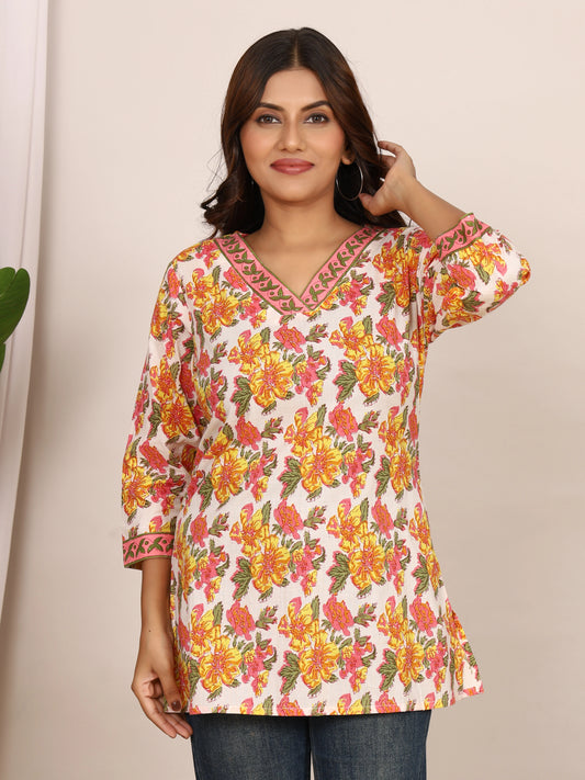 Sanganeri White & Yellow Floral Print Pure Cotton Top