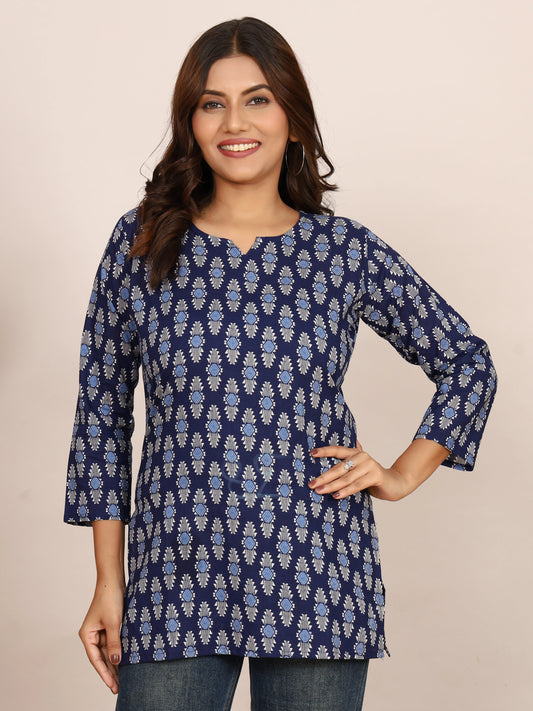 Indigo & White Geometric Block Print Pure Cotton Top
