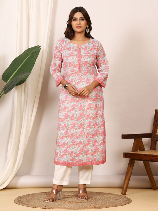 Sanganeri Soft Pink Floral Pure Cotton Kurti