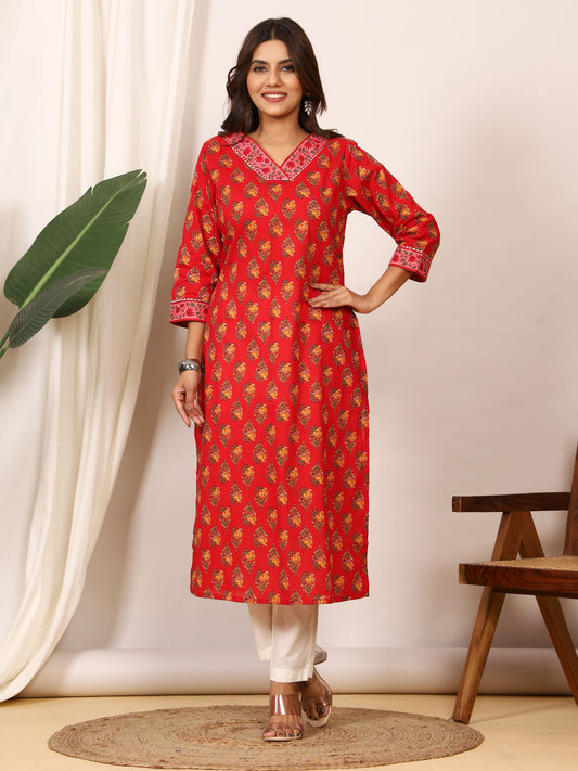 Sanganeri Vibrant Red Floral Pure Cotton Kurti