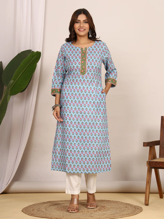 Sanganeri Pink Floral Print Light Blue Cotton Kurti