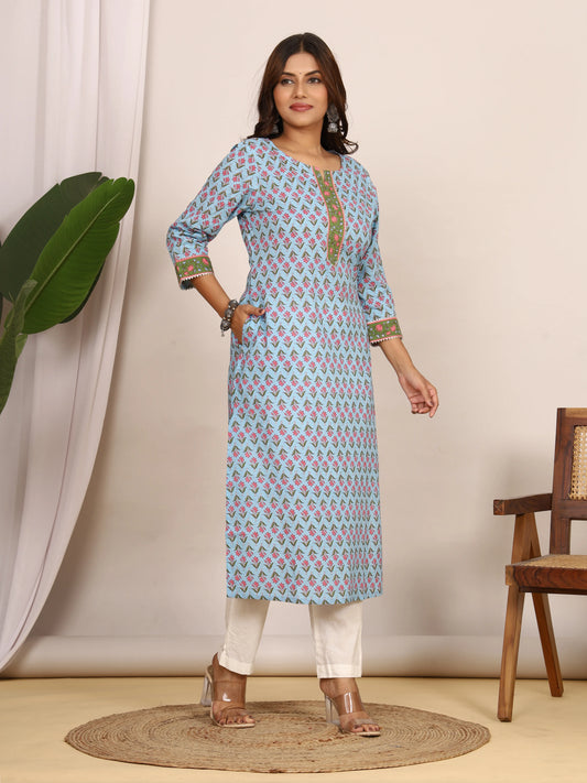 Sanganeri Pink Floral Print Light Blue Cotton Kurti