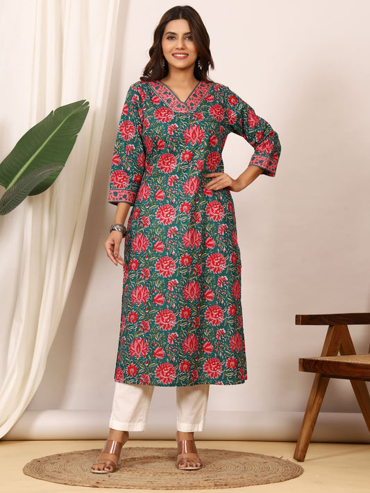 Sanganeri Teal Green Floral Pure Cotton Kurti