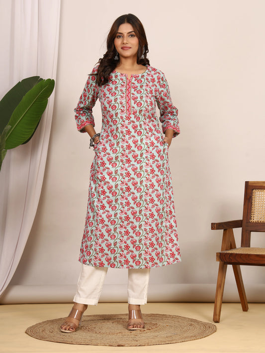 Sanganeri Pink Floral Print Light Blue Cotton Kurti