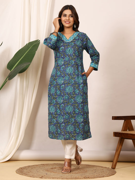 Sanganeri Indigo Blue Floral Pure Cotton Kurti