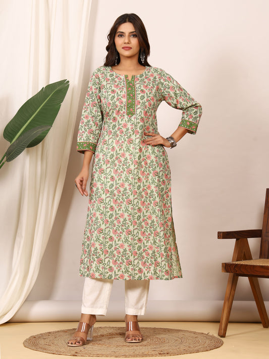 Sanganeri Sage Green Floral Pure Cotton Kurti