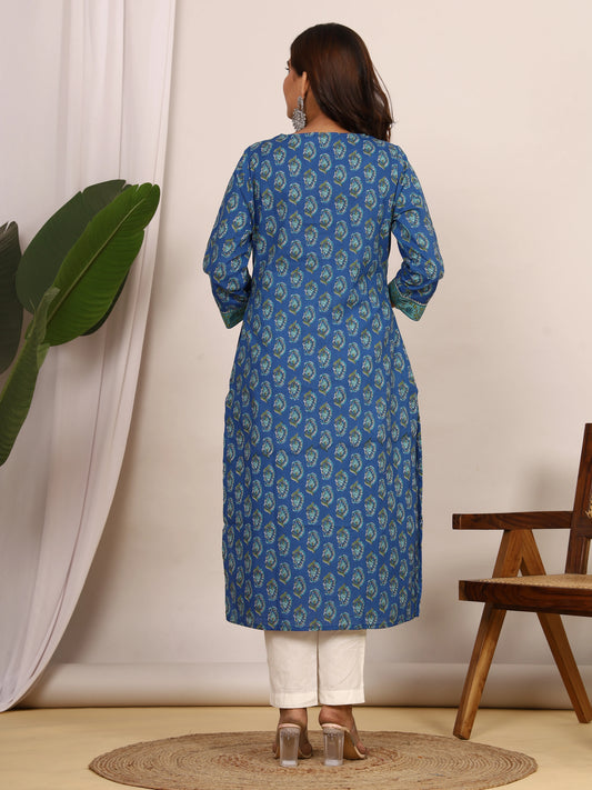 Sanganeri Floral Print Royal Blue Cotton Kurti