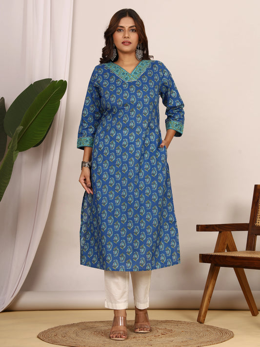 Sanganeri Floral Print Royal Blue Cotton Kurti