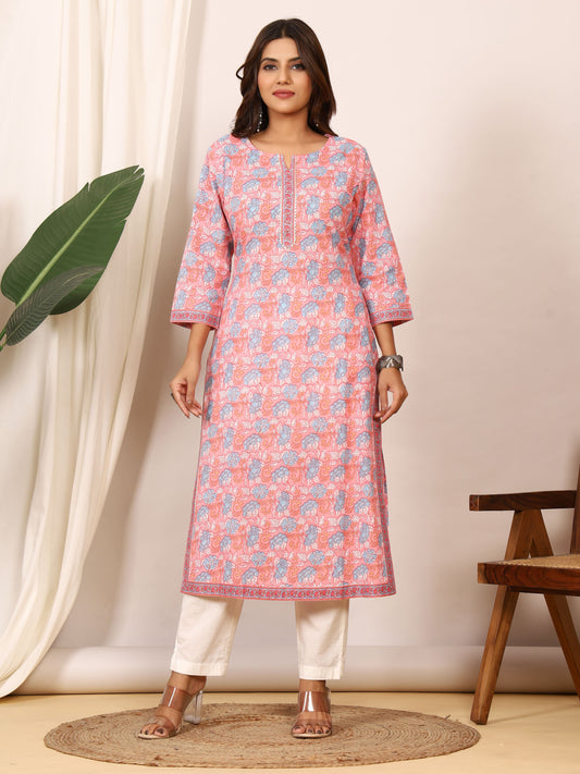 Sanganeri Peach Pink Floral Pure Cotton Kurti