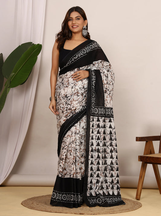 Pure Cotton Black and White Batik Saree with Geometric Block Print