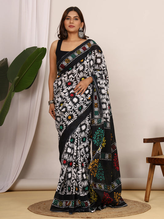Pure Cotton Black and White Saree with Vibrant Multi-Color Floral Block Print
