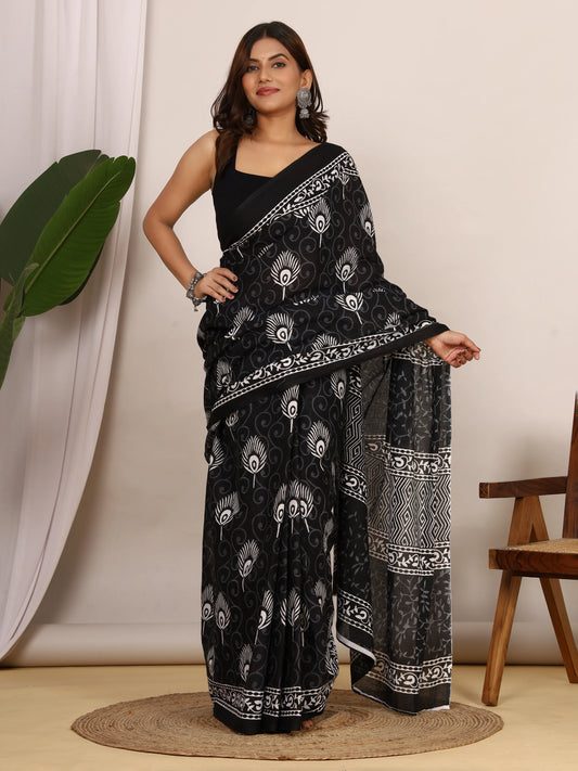Pure Cotton Black and White Saree with Traditional Peacock Sanganeri Print