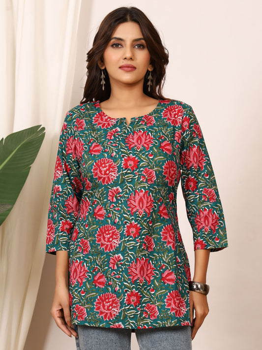 Teal Green & Red Floral Block Print Pure Cotton Top