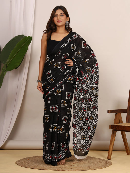 Pure Cotton Black Saree with Multi-Color Geometric Floral Block Print