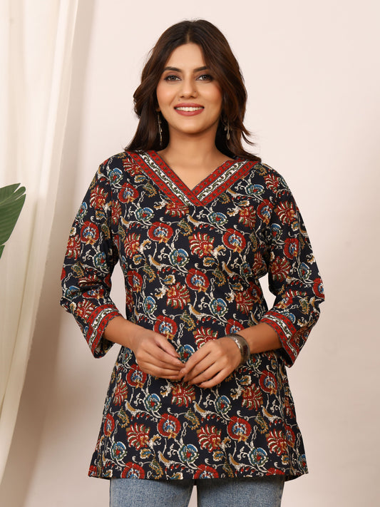 Black Multicolor Floral Block Print Pure Cotton Top