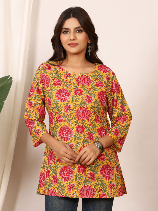 Mustard Yellow & Red Floral Block Print Pure Cotton Top