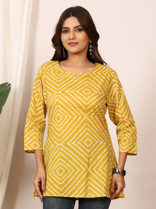 Mustard Yellow Bandhani Geometric Pure Cotton Top