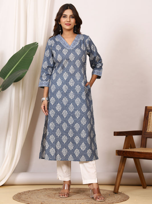 Sanganeri Slate Grey Motif Pure Cotton Kurti