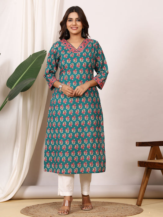 Sanganeri Teal Green Rose Floral Pure Cotton Kurti