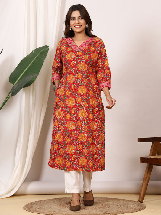 Sanganeri Crimson Red Floral Pure Cotton Kurti