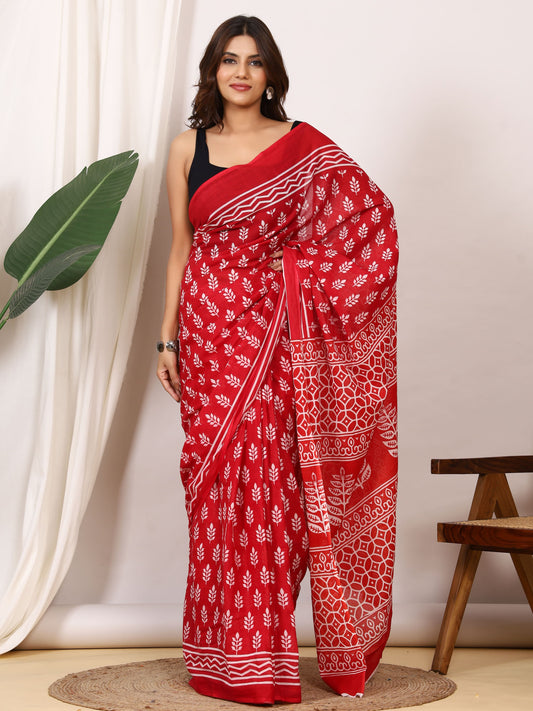 Pure Cotton Red Saree with White Leaf Block Print and Geometric Pallu