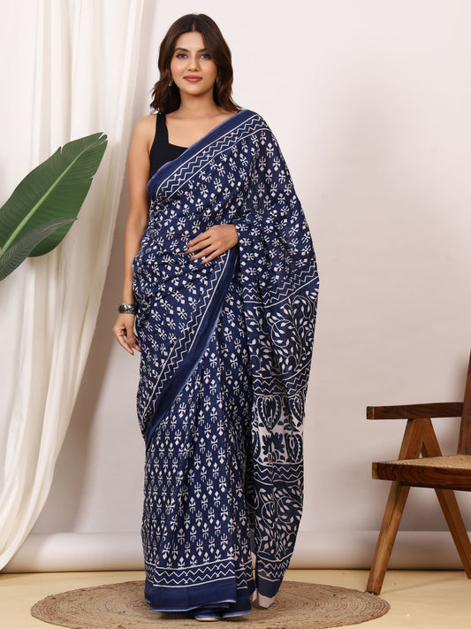 Pure Cotton Indigo Blue Saree with White Floral Block Print and Ornamental Pallu