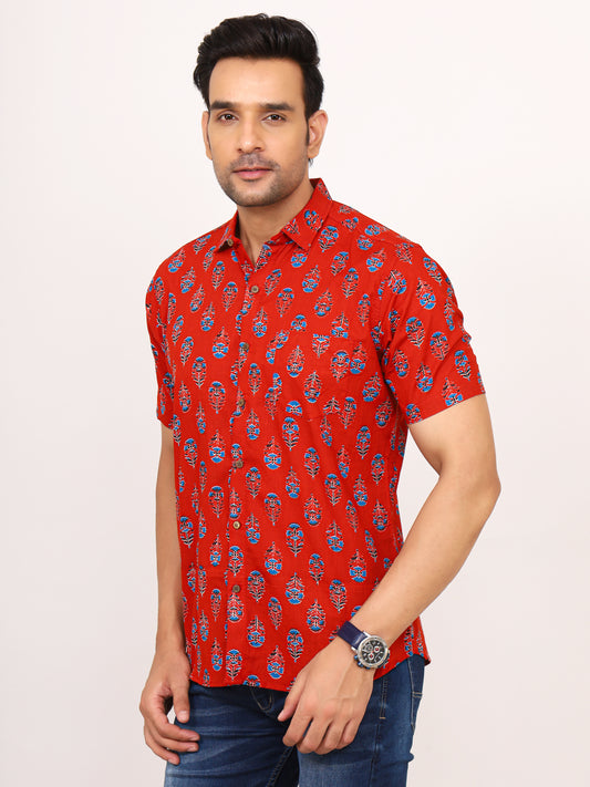 Sanganeri Cotton Flower Buti Print Red Shirt