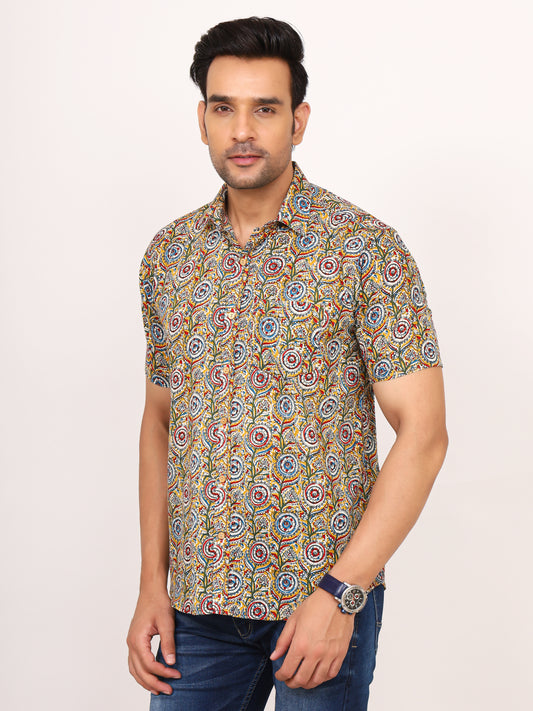 Sanganeri Cotton Kalamkari Print Mustard Shirt