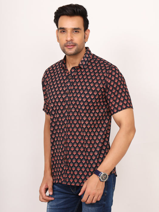 Sanganeri Cotton Buti Print Black Shirt