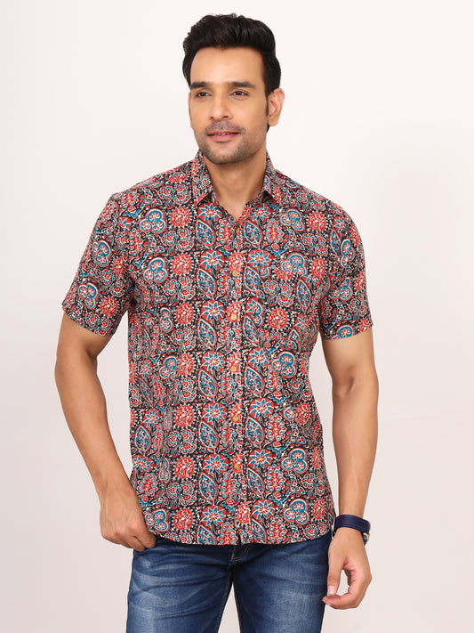 Sanganeri Cotton Kalamkari Print Black Shirt